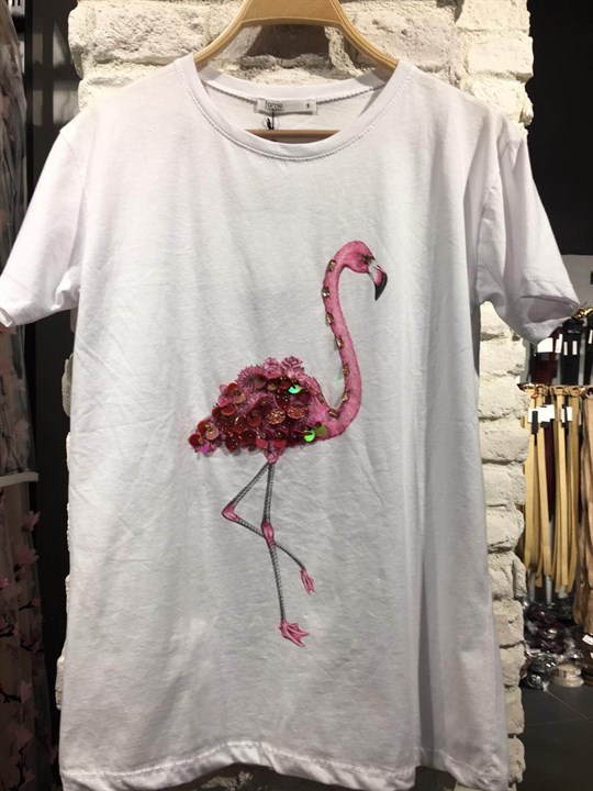 Pembe Pelikan Payetli T-Shirt