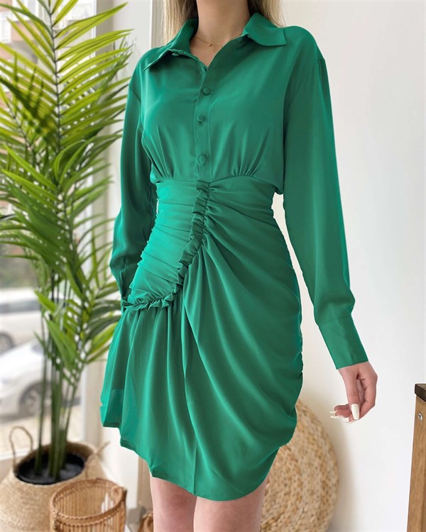 Drape Ve Fırfır Detaylı Elbise - Yeşil