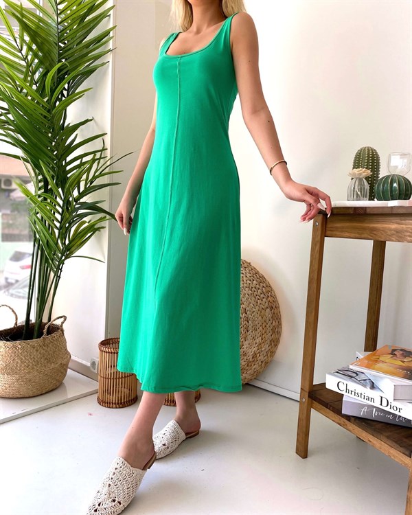 Kalın Askı Basic Uzun Elbise- Yeşil