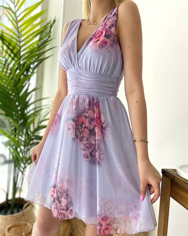 Kalın Askı V Yaka Şifon Çiçekli Elbise - Lila