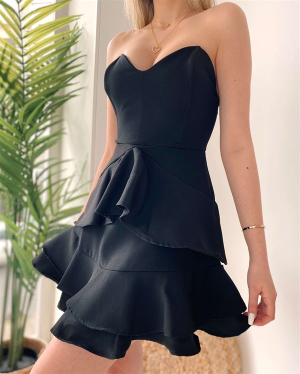 Kalp Yaka Mini Fırfır Elbise - Siyah