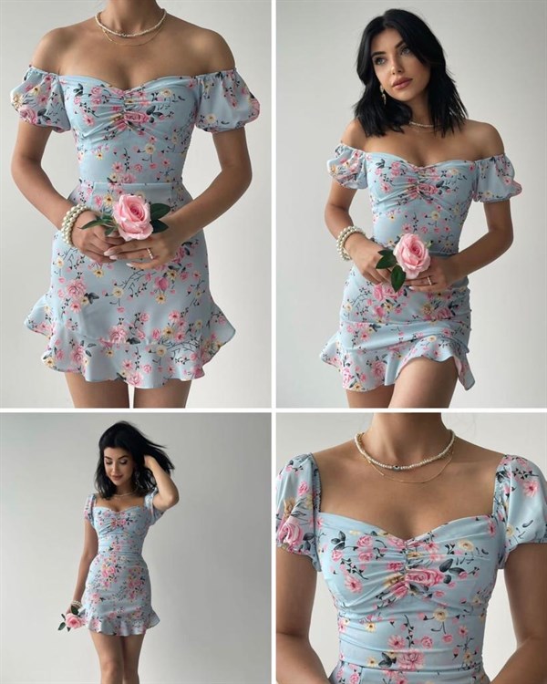 Pembe Çiçekli Etek Ucu Fırfırlı Kısa Kadın Elbise