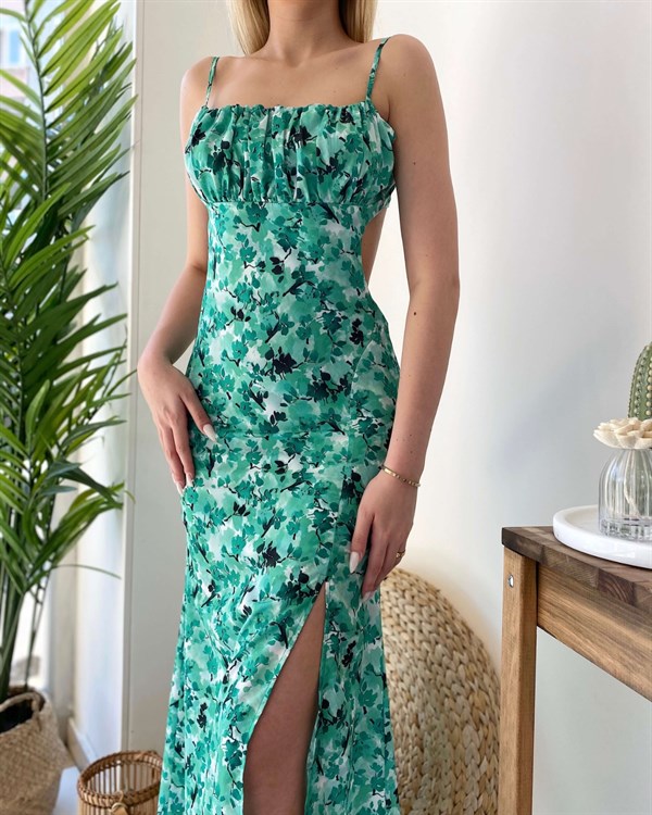 Sırt Bağlama Çiçekli Uzun Elbise -Yeşil