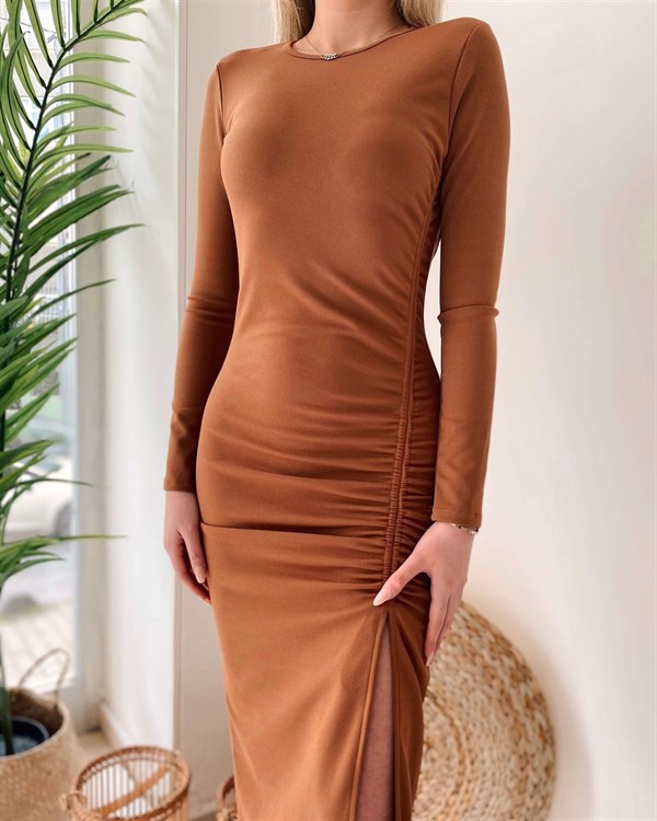 Sırt Dekolte İp Bağlama Detay Elbise - Kahverengi