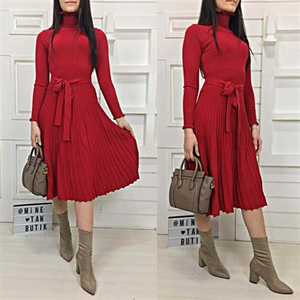 Pileli Triko Elbise - Kırmızı