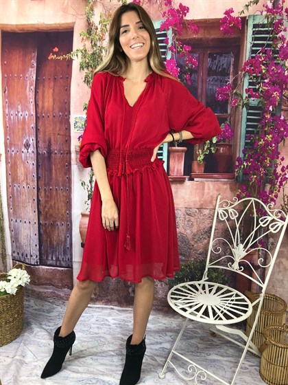 Şifon Gipeli Elbise-Kırmızı