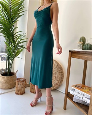 Askılı Uzun Yırtmaç Elbise - Yeşil