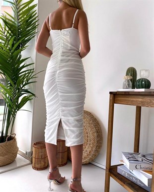 Beyaz İp Askı Düz Drapeli Tül Kadın Midi Elbise
