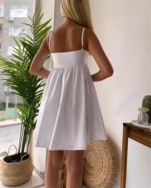 Beyaz Ön Pile İp Askı Mini Kadın Elbise