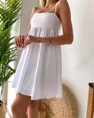 Beyaz Ön Pile İp Askı Mini Kadın Elbise