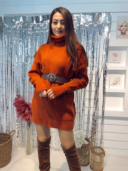 Boğazlı Kremit Renk Kazak Elbise