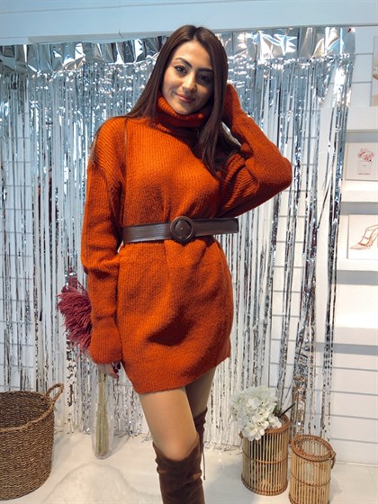 Boğazlı Kremit Renk Kazak Elbise