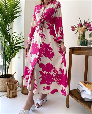 Çiçek Baskı Desen Uzun Elbise - Pembe
