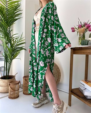 Çiçek Motifli Yeşil Kimono Ceket