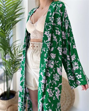 Çiçek Motifli Yeşil Kimono Ceket