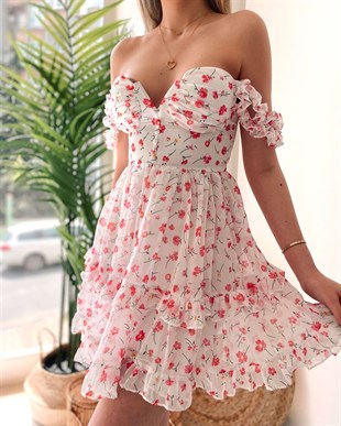 Çiçekli Göğüs Dekolte Elbise - Beyaz