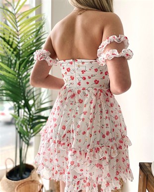 Çiçekli Göğüs Dekolte Elbise - Beyaz