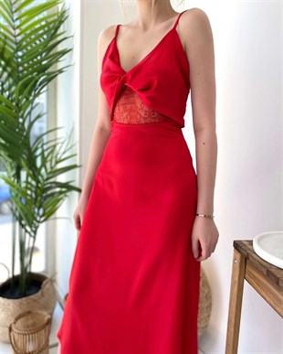 Dantel Detay Saten Elbise - Kırmızı