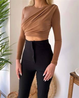Drape Detay Bluz - Kahverengi