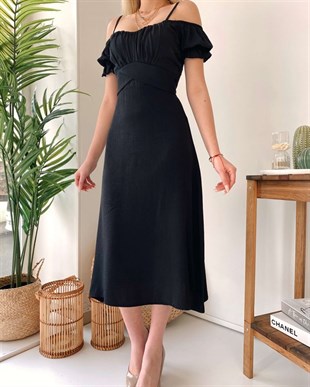 Düşük Omuz Bağlama Detay 3 Renk Elbise - Siyah
