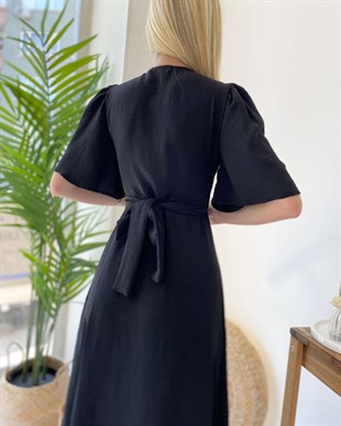 Geniş Kol Kruvaze Bağlamalı Elbise-Siyah