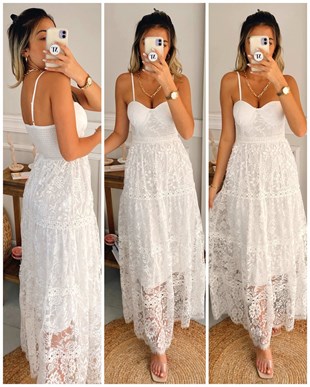İp Askı Güpür Özel Üretim Elbise - Beyaz