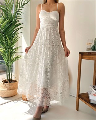 İp Askı Güpür Özel Üretim Elbise - Beyaz