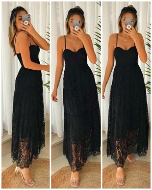 İp Askı Güpür Özel Üretim Elbise - Siyah