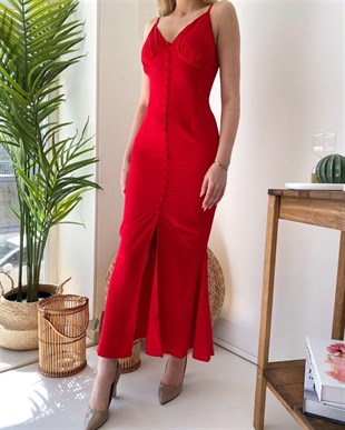 İp Askı Ön Düğme Detay Dream Elbise - Kırmızı