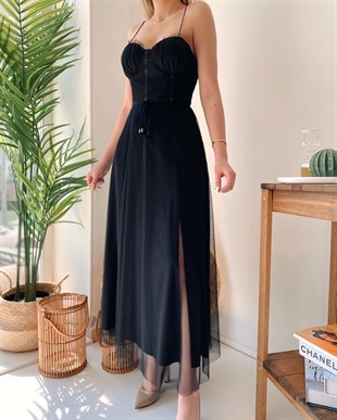 İp Askı Yırtmaç Detay Tül Cool Elbise - Siyah