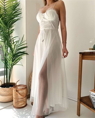 İp Askı Yırtmaç Detay Tül Cool Elbise - Beyaz