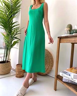 Kalın Askı Basic Uzun Elbise- Yeşil