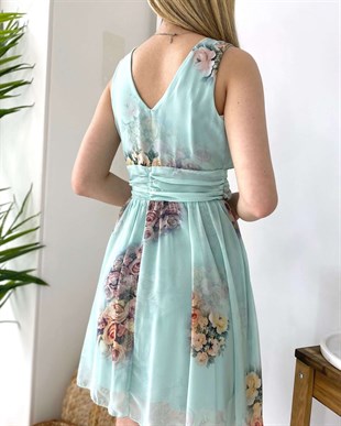 Kalın Askı V Yaka Şifon Çiçekli Elbise - Lila