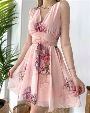 Kalın Askı V Yaka Şifon Çiçekli Elbise - Pembe