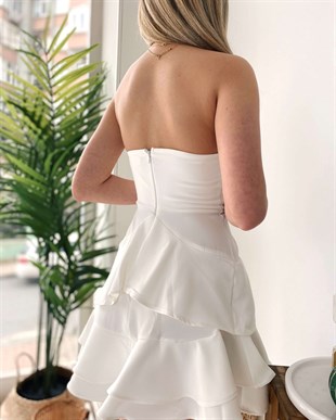 Kalp Yaka Mini Fırfır Elbise - Beyaz