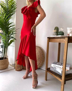 Kırmızı Fırfır Yaka Düz Uzun Kadın Elbise