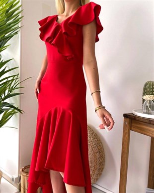 Kırmızı Fırfır Yaka Düz Uzun Kadın Elbise