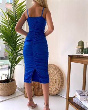 Mavi İp Askı Düz Drapeli Tül Kadın Midi Elbise