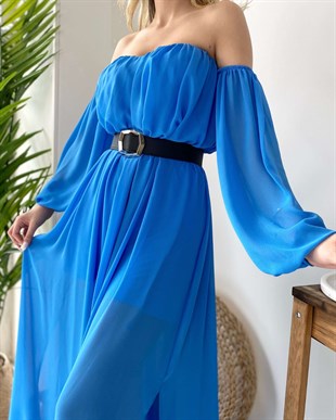 Mavi Straplez Düz Uzun Kol Kadın Elbise