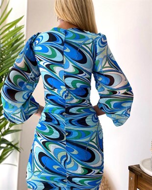 Mavi Uzun Kollu Şifon Mattea Kadın Elbise