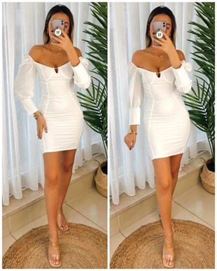 Mini Dekolte Detay Elbise - Beyaz