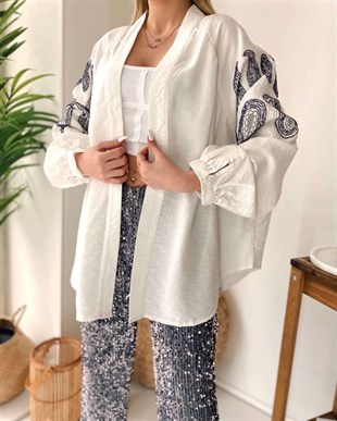 Payetli Kimono - Beyaz