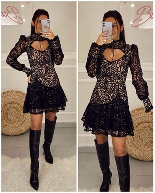 Prenses Yaka Tasarım Siyah Güpür Mini Elbise