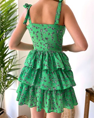 Sgz Model Çiçekli Kat Kat Yeşil Elbise