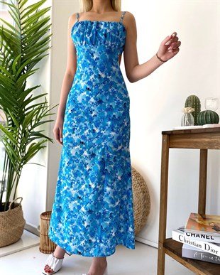 Sırt Bağlama Çiçekli Uzun Elbise -Mavi