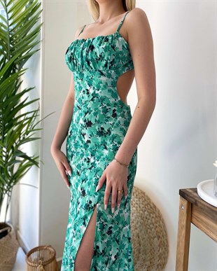 Sırt Bağlama Çiçekli Uzun Elbise -Yeşil