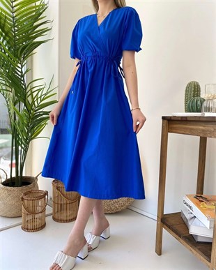 Sırt Dekolte Bel Lastik Büzgülü Elbise - Saks Mavi