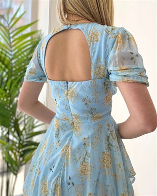 Sırt Dekolte Çiçekli Elbise - Mavi