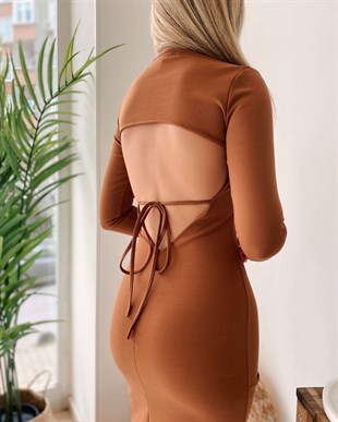 Sırt Dekolte İp Bağlama Detay Elbise - Kahverengi