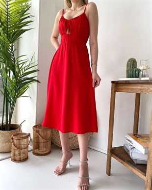 Sırt Gipeli Göğüs Pencere Askılı Elbise - Kırmızı